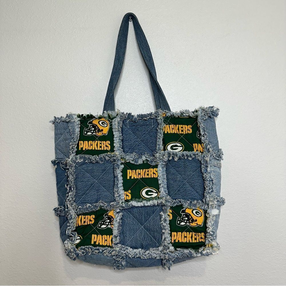 Green Bay Packers Custom Handmade Denim Jeans Patchwork Purse Bag‎